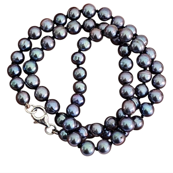 Peacock Blue Pearl Necklace 925 Sterling Silver Clasp Hand Knotted A0039 - Picture 7 of 15